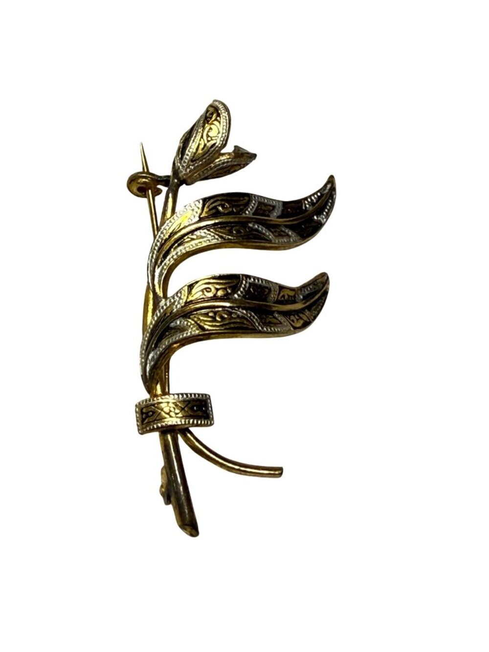 Vintage Gold-Tone Etched Floral Leaf Pin Brooch With Intricate Detailing